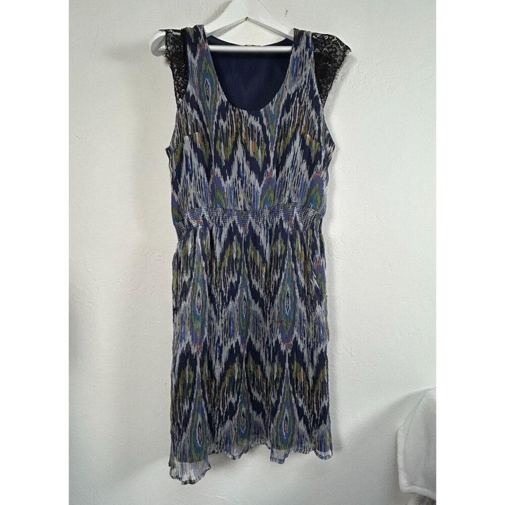 Sundance Womens Textured Ikat Print Silk Dress XL Multicolor Lace Cap Sleeves